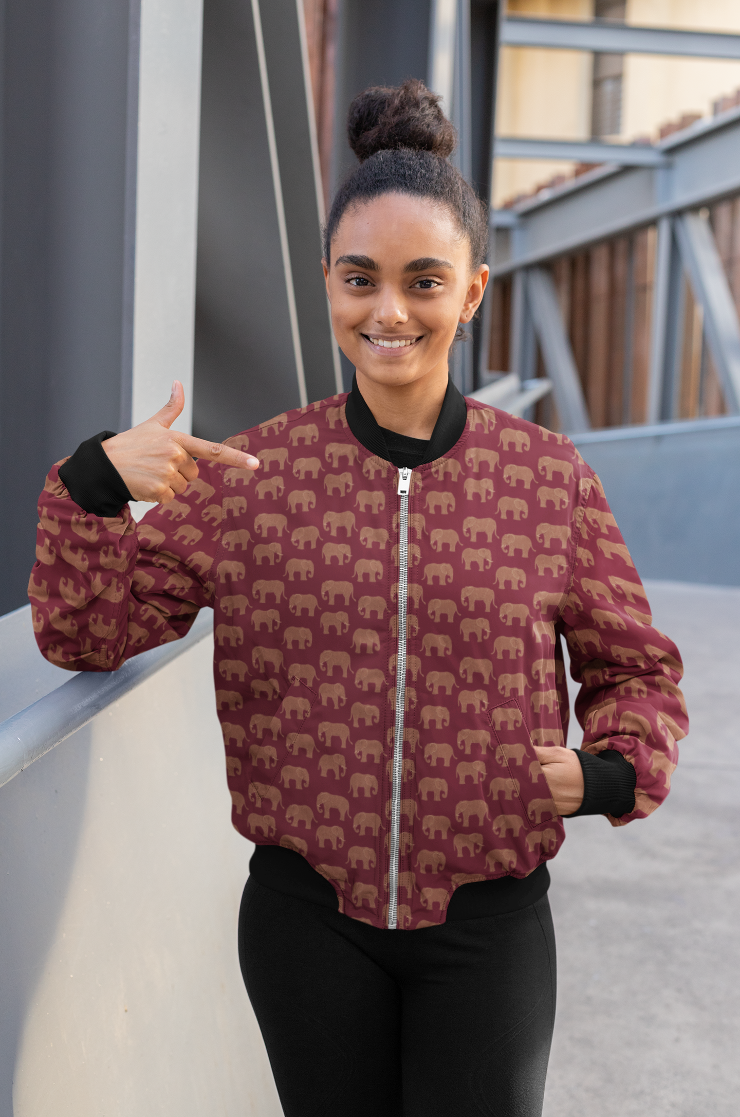 Woman's Bomber Jacket - Elephant Pattern 1