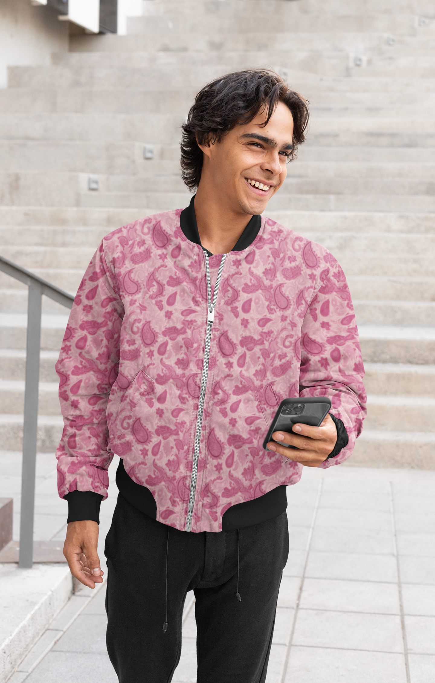 Men's Bomber Jacket - Pink Paisley